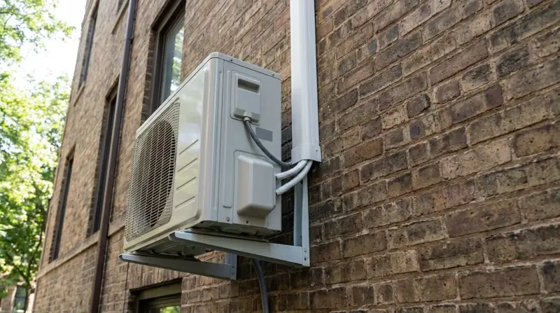 Ductless mini split outdoor unit on a wall bracket on a brick Chicago building
